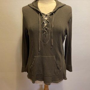 Splendid khaki waffle knit laced hoodie long sleeve tee with kangaroo pocket